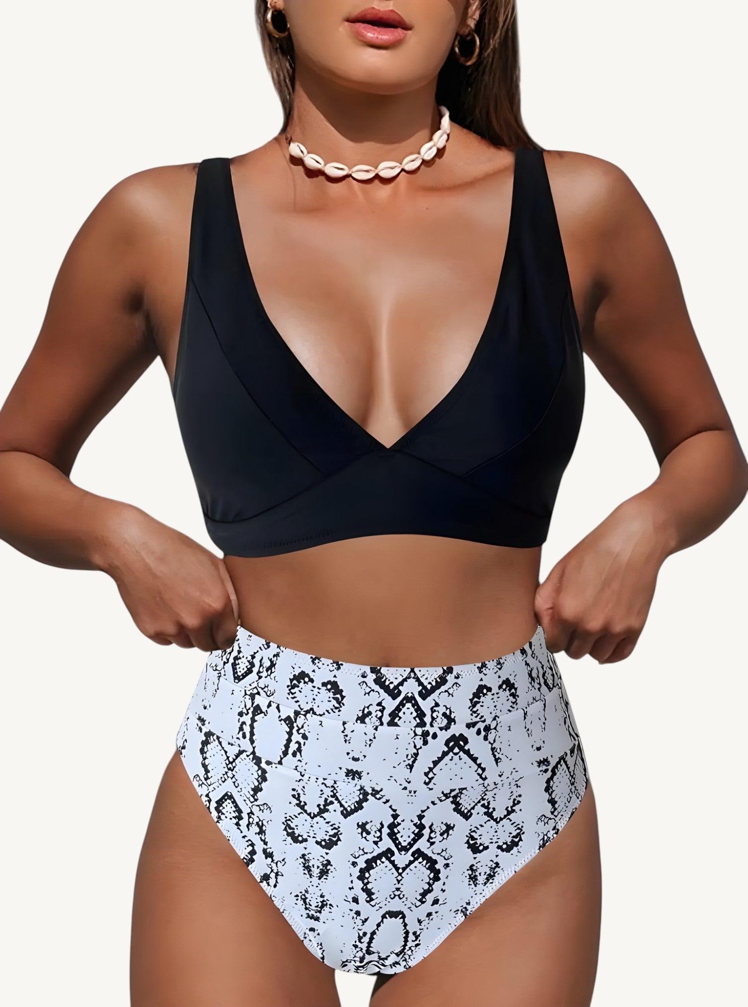 Women's High-Waist Bikini Set with V-Neck