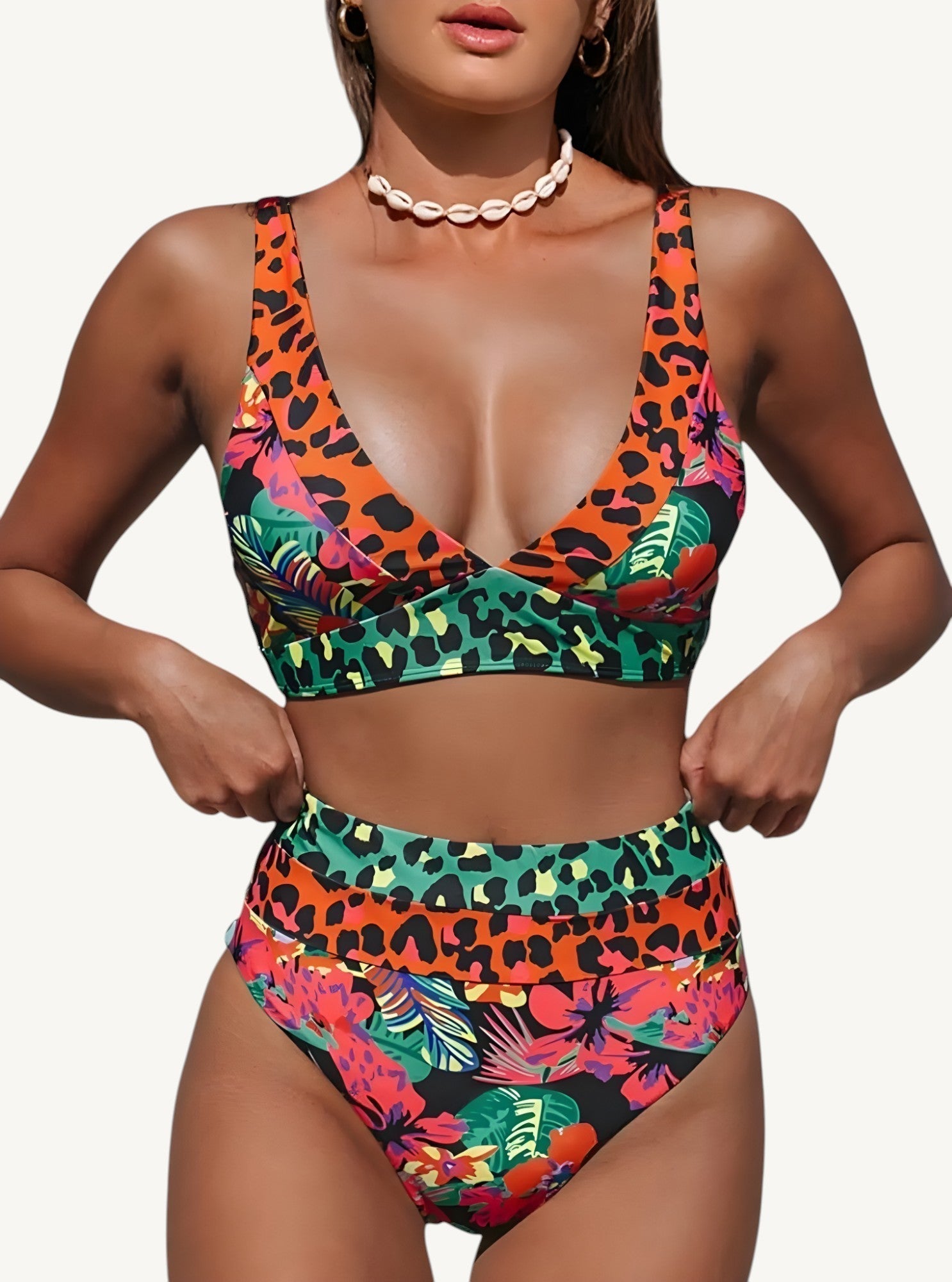 Women's High-Waist Bikini Set with V-Neck