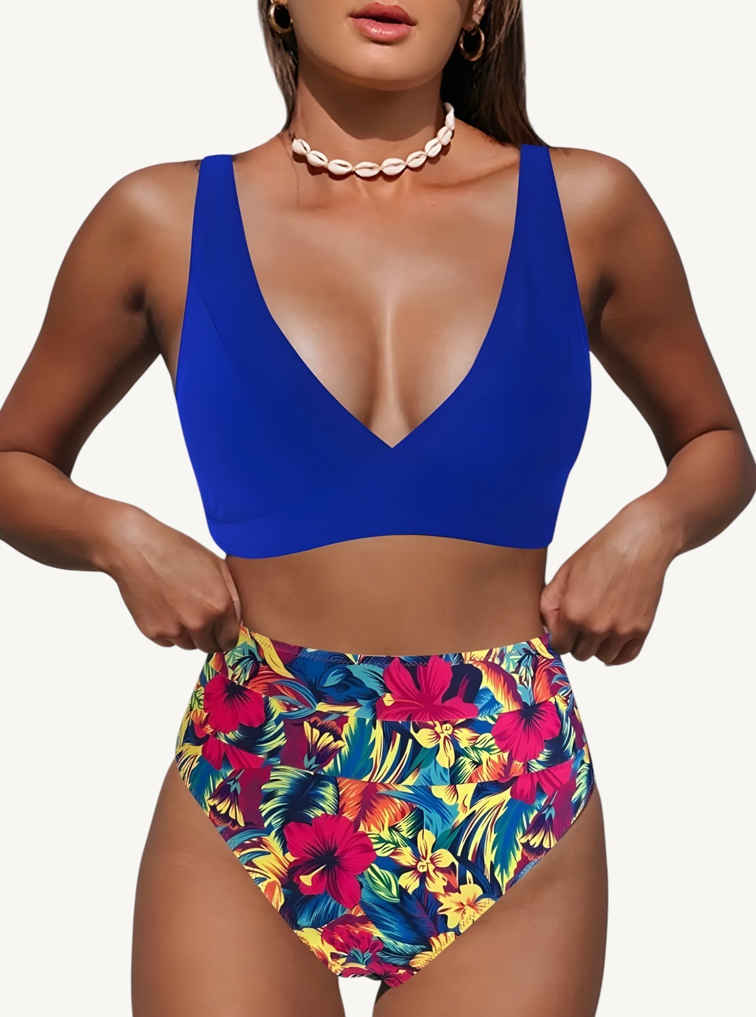 Women's High-Waist Bikini Set with V-Neck