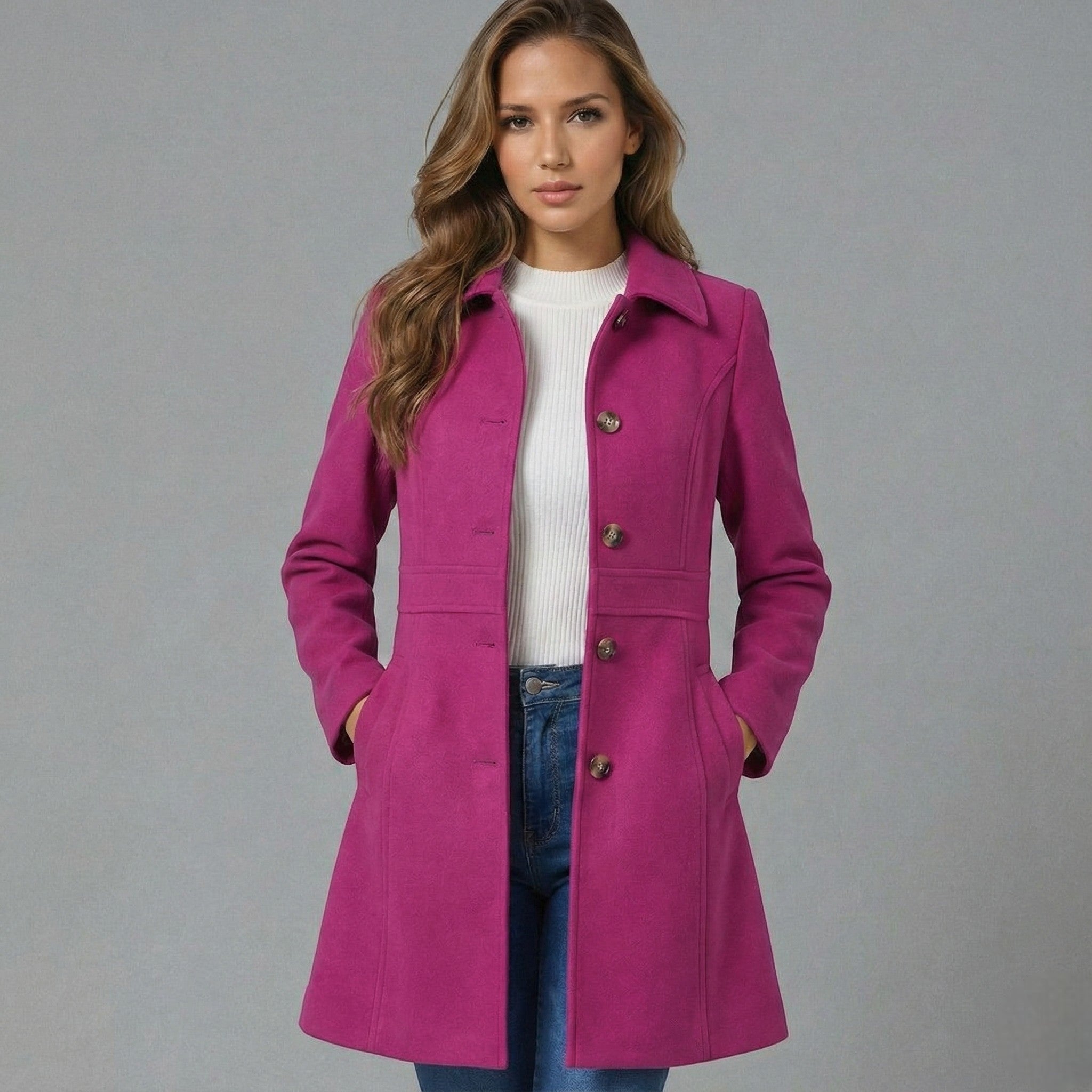 Elegant A-Line Women's Coat – Button Closure Long Coat Josephine