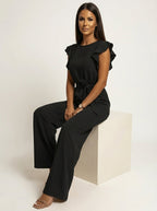 Elegant Women's Jumpsuit with Ruffle Sleeves & Belt – Wide Leg Formal One-Piece