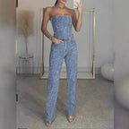 Glitter Two-Piece Set Women – Strapless Top & High Waist Pants Elegant Party Outfit