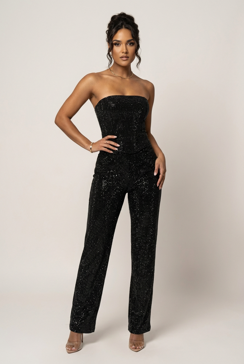 Glitter Two-Piece Set Women – Strapless Top & High Waist Pants Elegant Party Outfit