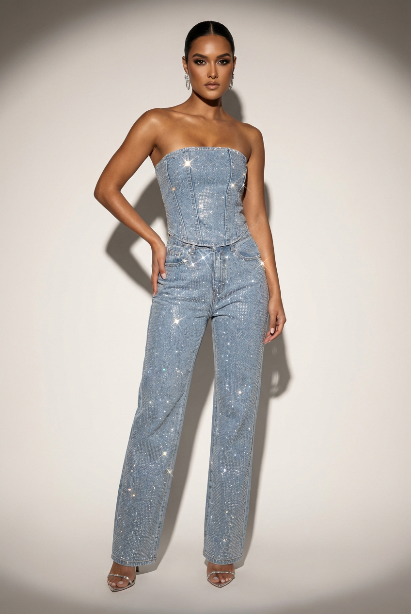 Glitter Two-Piece Set Women – Strapless Top & High Waist Pants Elegant Party Outfit