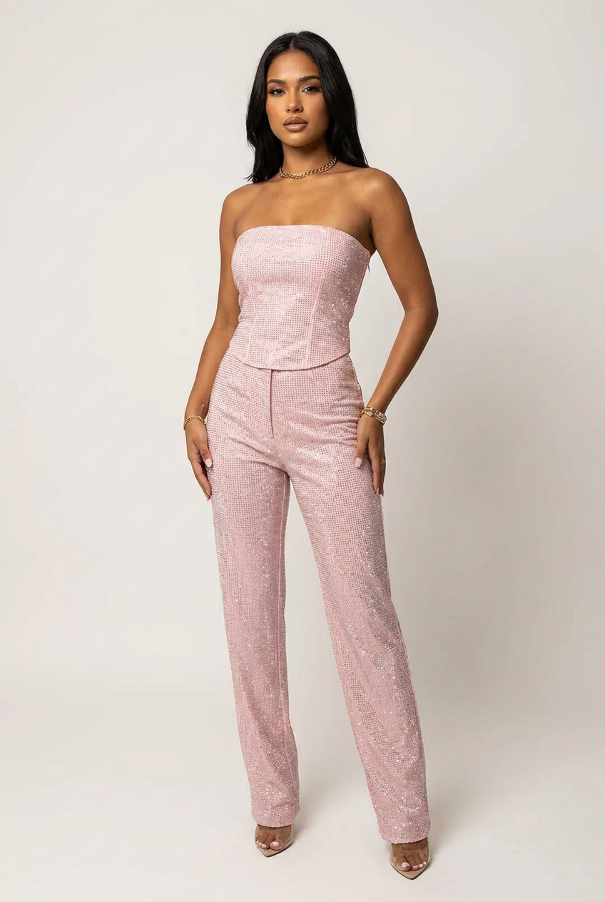 Glitter Two-Piece Set Women – Strapless Top & High Waist Pants Elegant Party Outfit