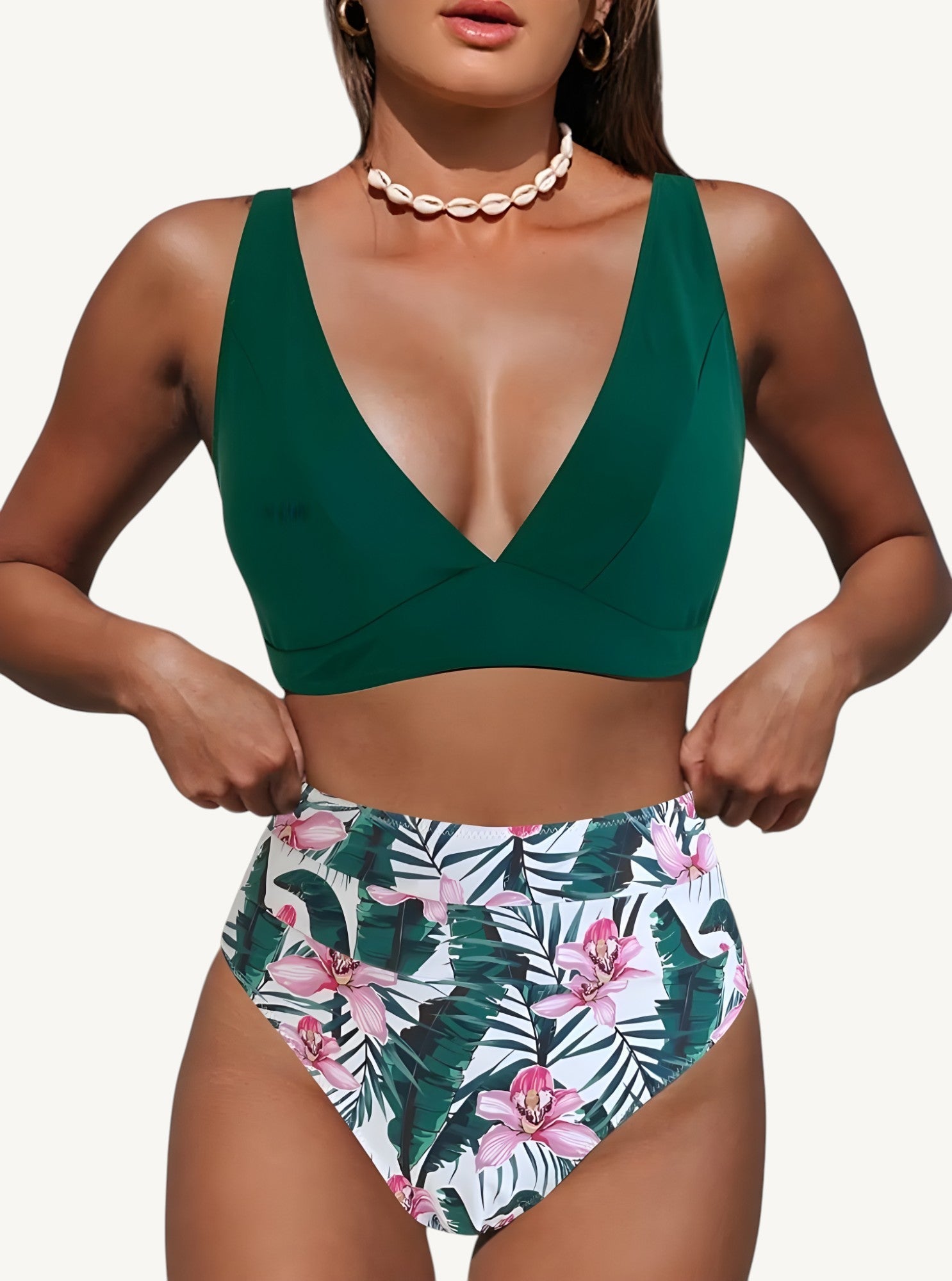 Women's High-Waist Bikini Set with V-Neck