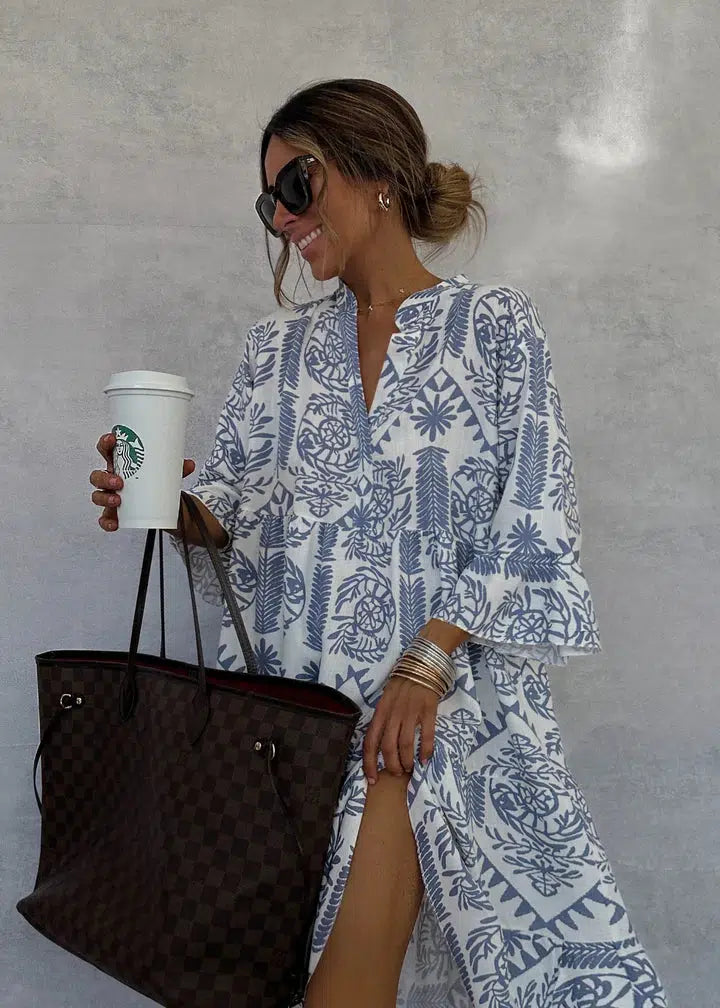 Women's V-Neck Mini Dress with 3/4 Sleeves