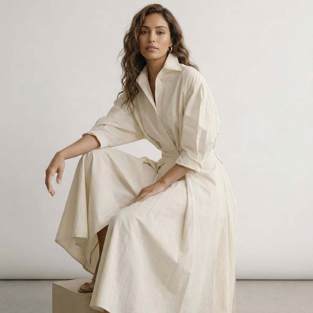 Elegant Long Shirt Dress Women – Button Down Maxi Dress with Waist Detail