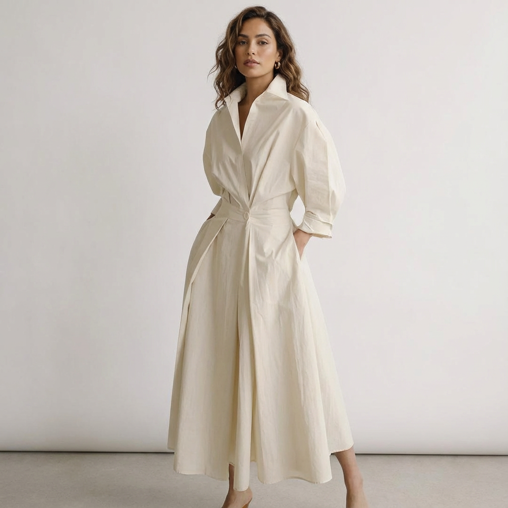 Elegant Long Shirt Dress Women – Button Down Maxi Dress with Waist Detail