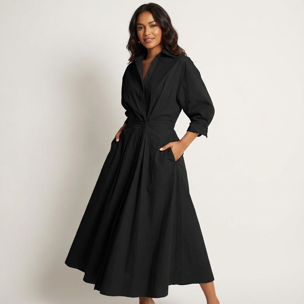 Elegant Long Shirt Dress Women – Button Down Maxi Dress with Waist Detail