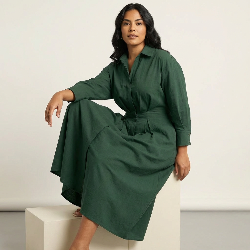 Elegant Long Shirt Dress Women – Button Down Maxi Dress with Waist Detail