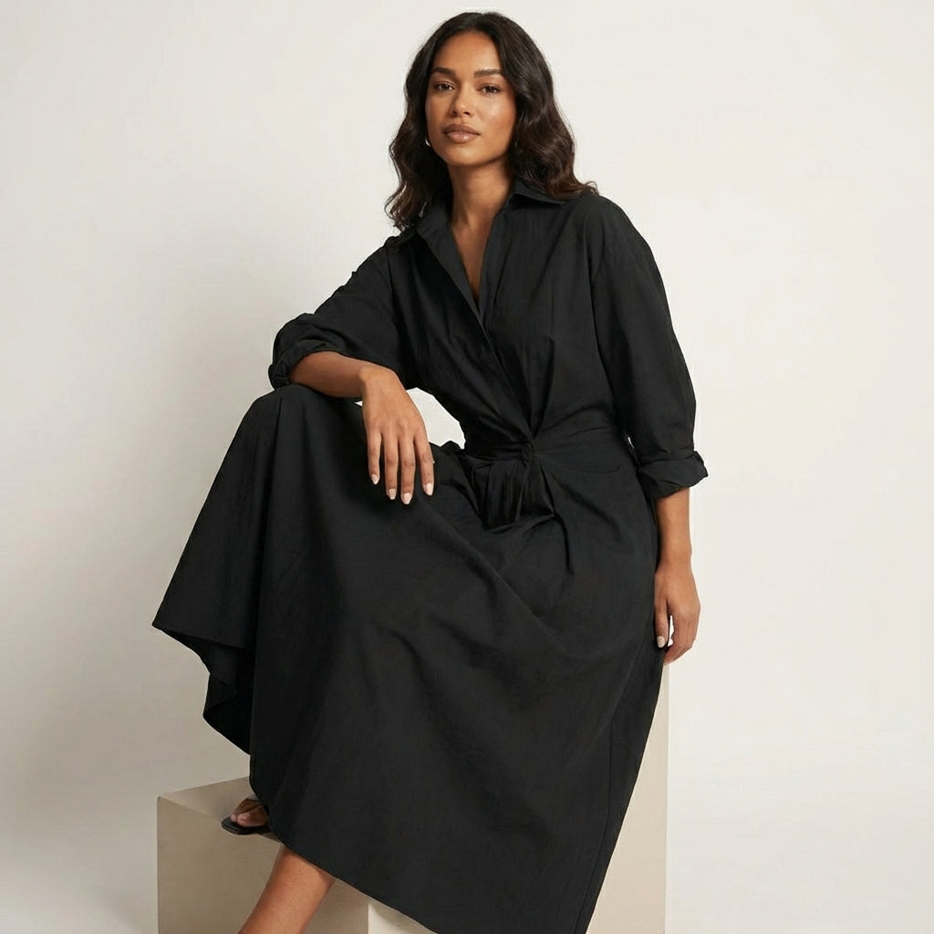 Elegant Long Shirt Dress Women – Button Down Maxi Dress with Waist Detail
