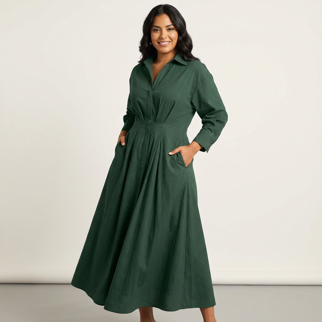 Elegant Long Shirt Dress Women – Button Down Maxi Dress with Waist Detail