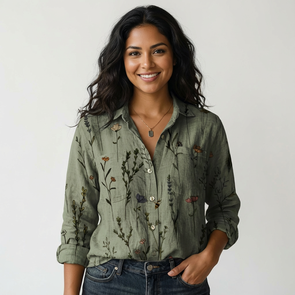 Women's Botanical Print Shirt – Lightweight Button Down Blouse