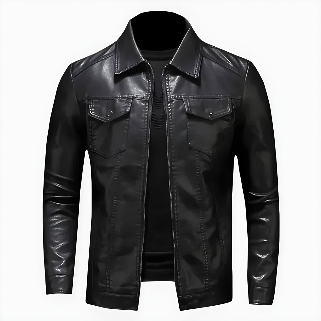 Men's Vegan Leather Jacket | Classic Zip-Up Moto Jacket with Chest Pockets