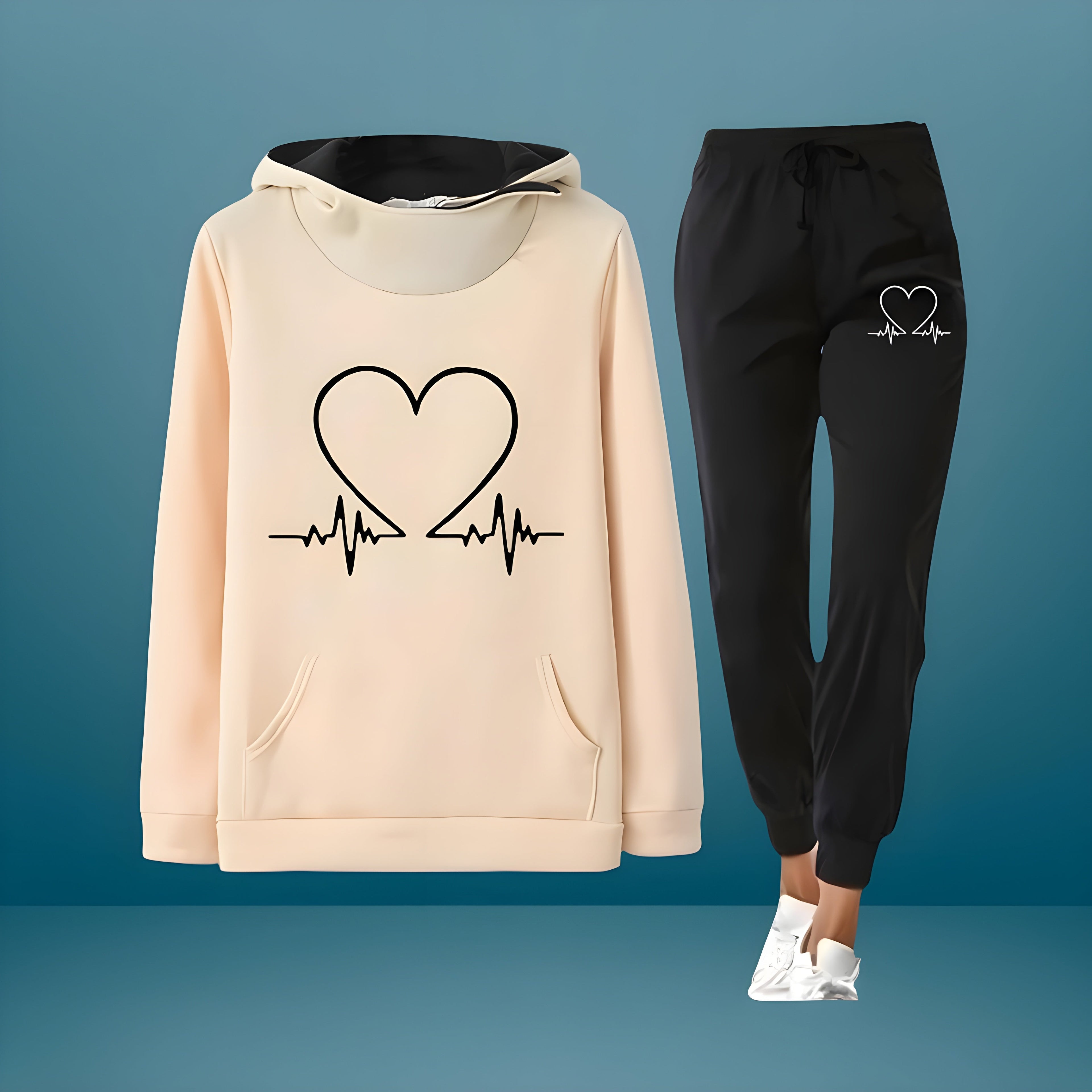 Women's Heart Print Hoodie & Jogger Set | Casual Matching Tracksuit in Multiple Colors