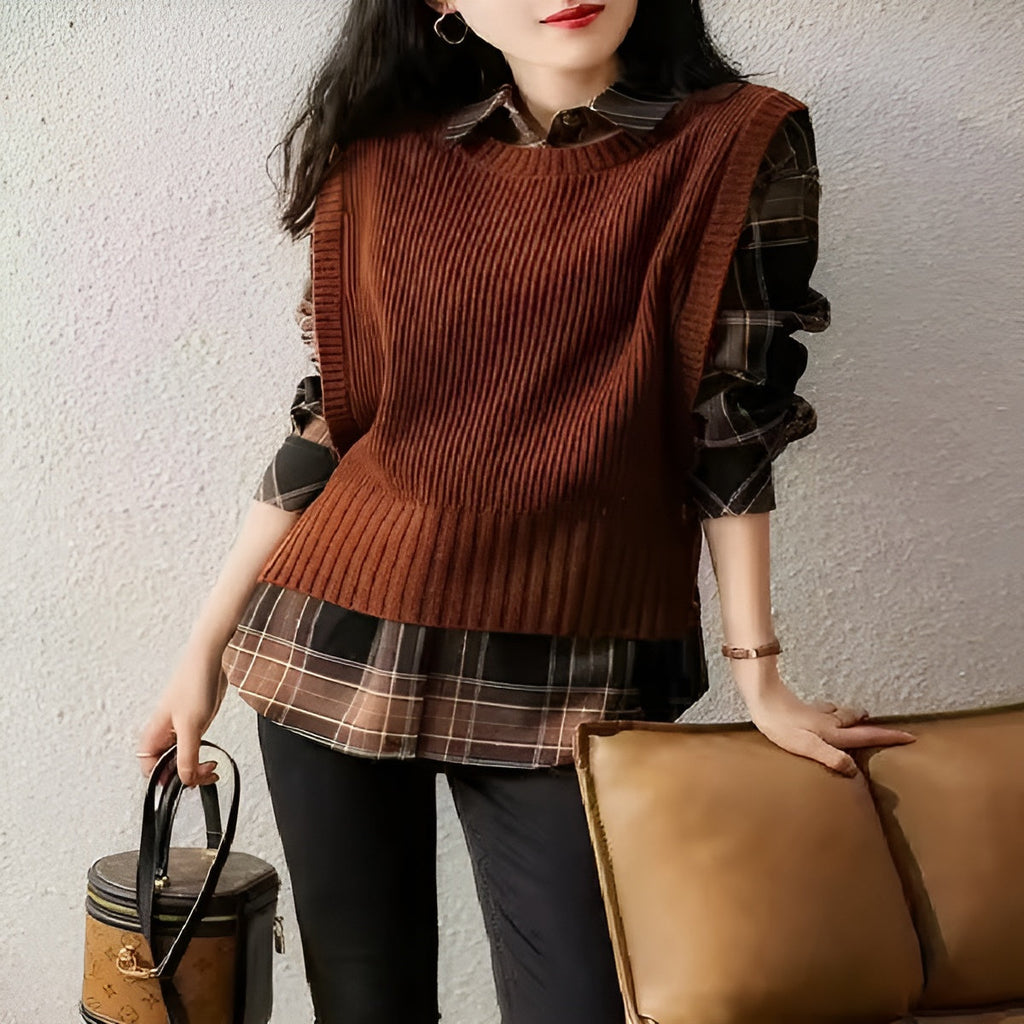 Women's Ribbed Knit Sweater Vest | Trendy Sleeveless Layering Top in Caramel