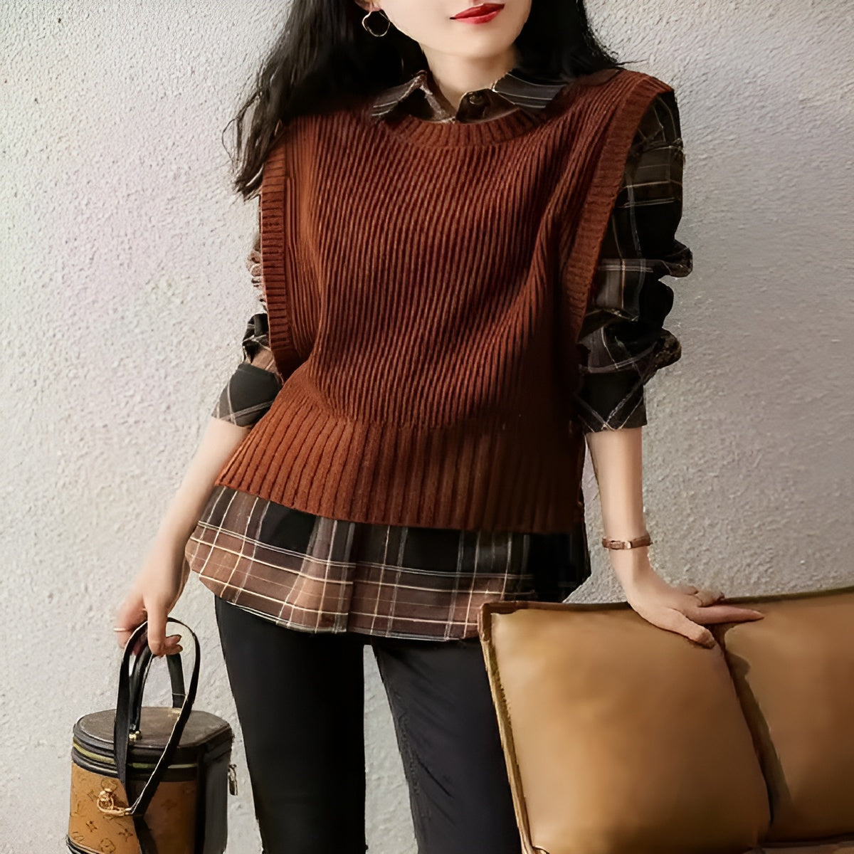 Women's Ribbed Knit Sweater Vest | Trendy Sleeveless Layering Top in Caramel