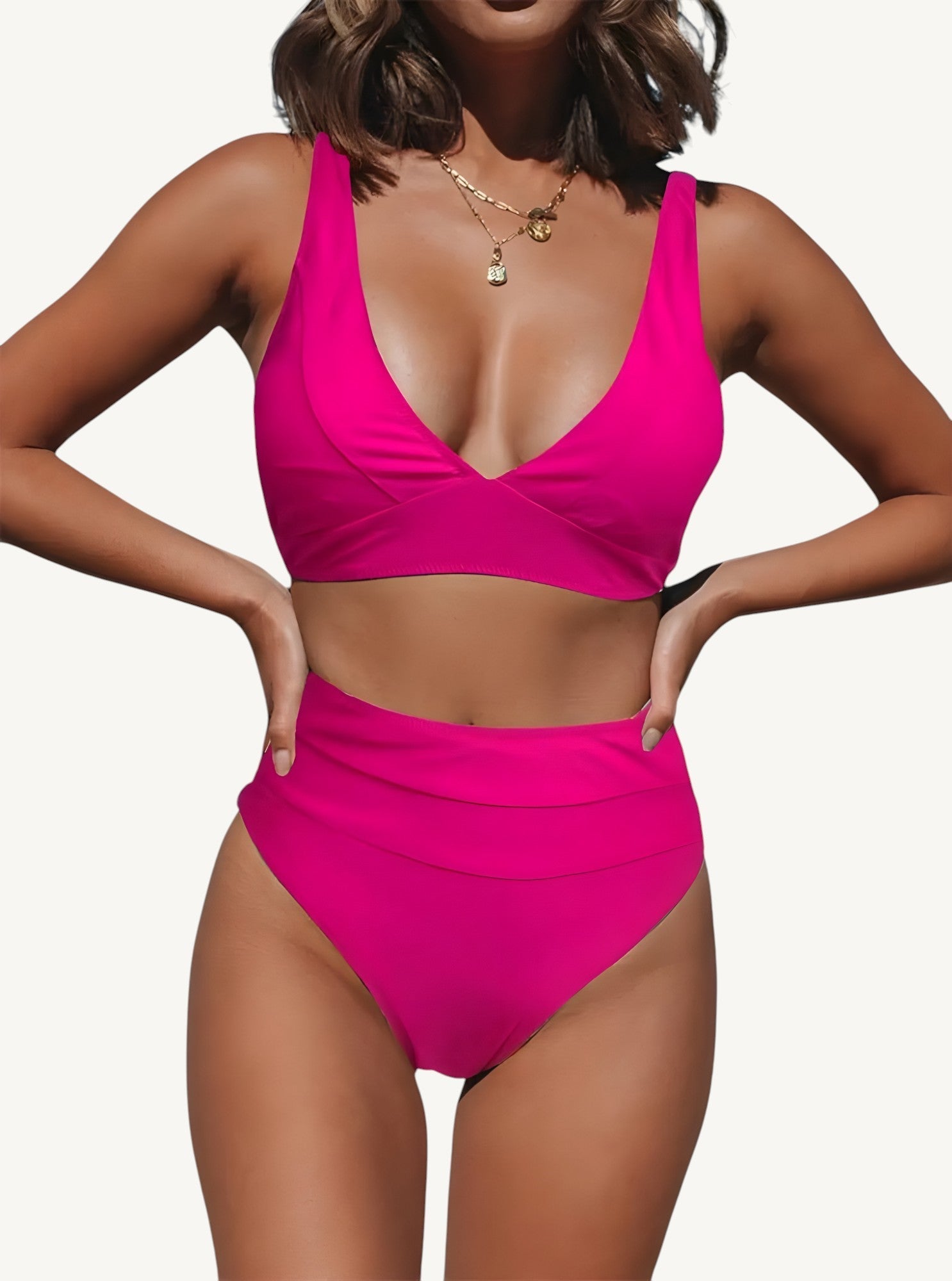 Women's High-Waist Bikini Set with V-Neck