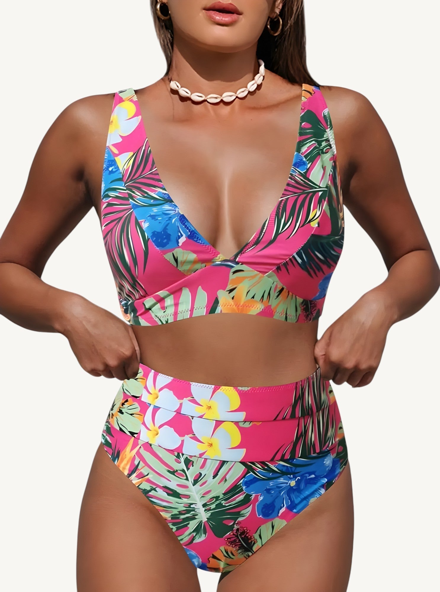Women's High-Waist Bikini Set with V-Neck