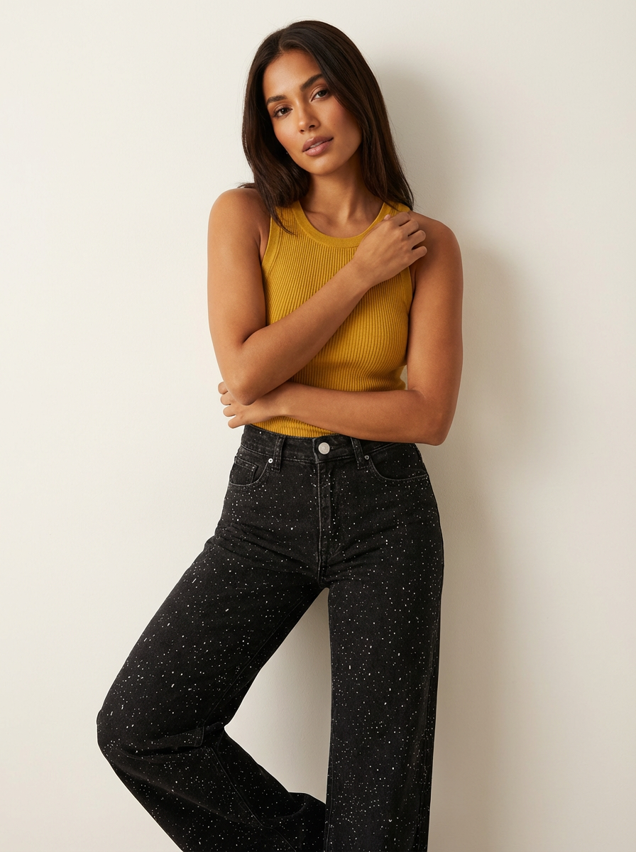 Women's High Waist Straight Jeans – Subtle Glitter Detail Denim