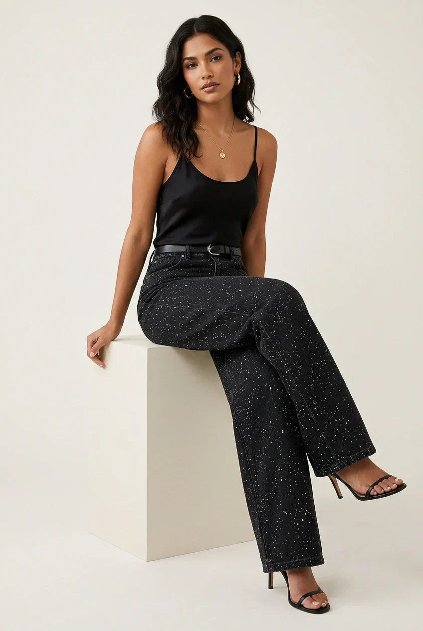 Women's High Waist Straight Jeans – Subtle Glitter Detail Denim