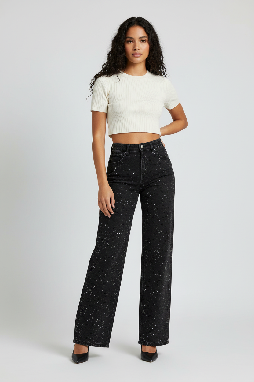 Women's High Waist Straight Jeans – Subtle Glitter Detail Denim