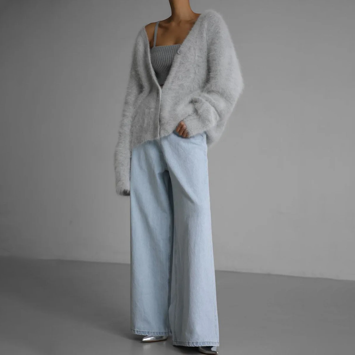 Women's Fuzzy V-Neck Cardigan | Soft Mohair-Style Open Front Sweater in Multiple Colors