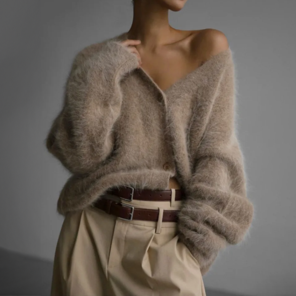 Women's Fuzzy V-Neck Cardigan | Soft Mohair-Style Open Front Sweater in Multiple Colors