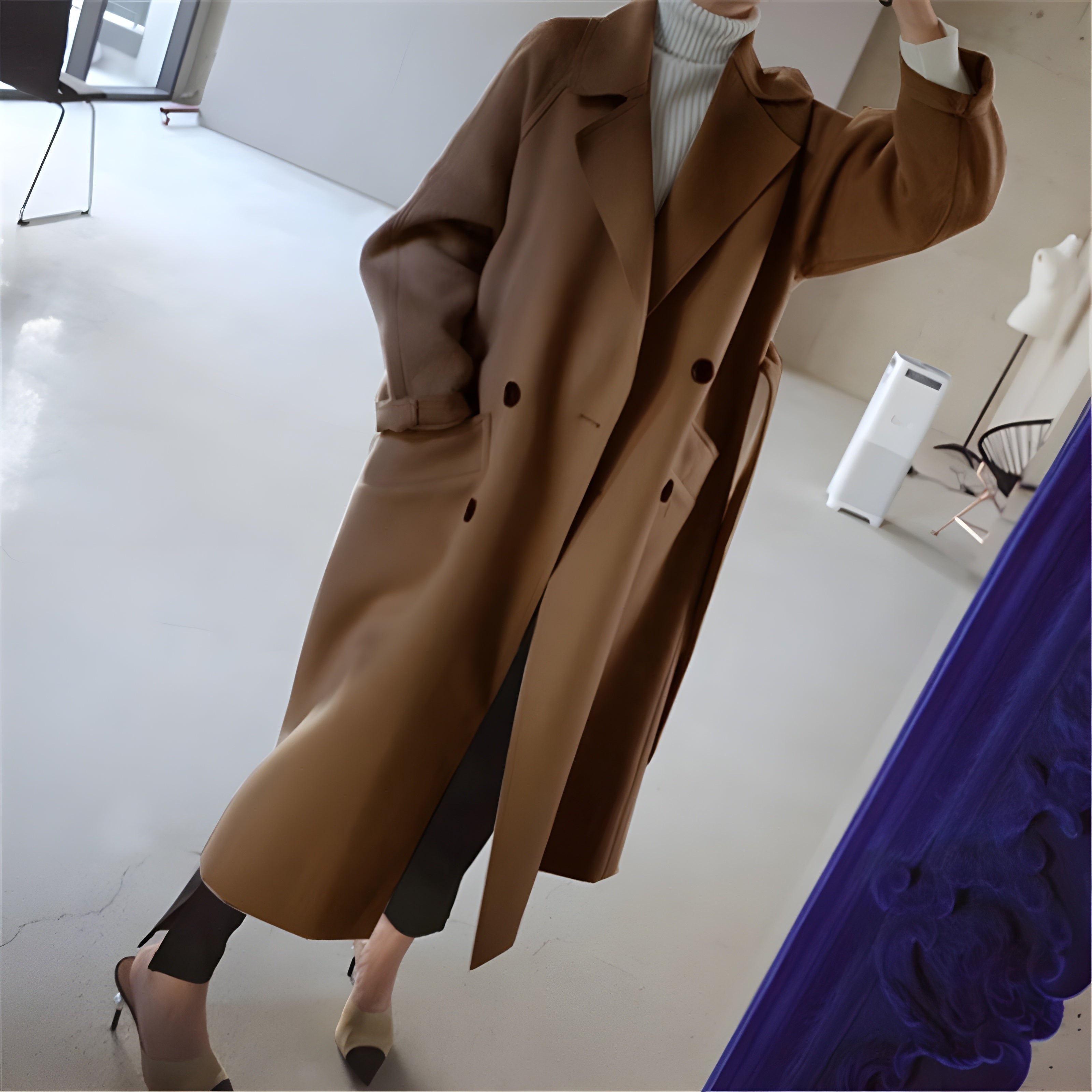 Women's Elegant Long Wool Coat | Classic Double-Breasted Winter Coat in Neutral Tones