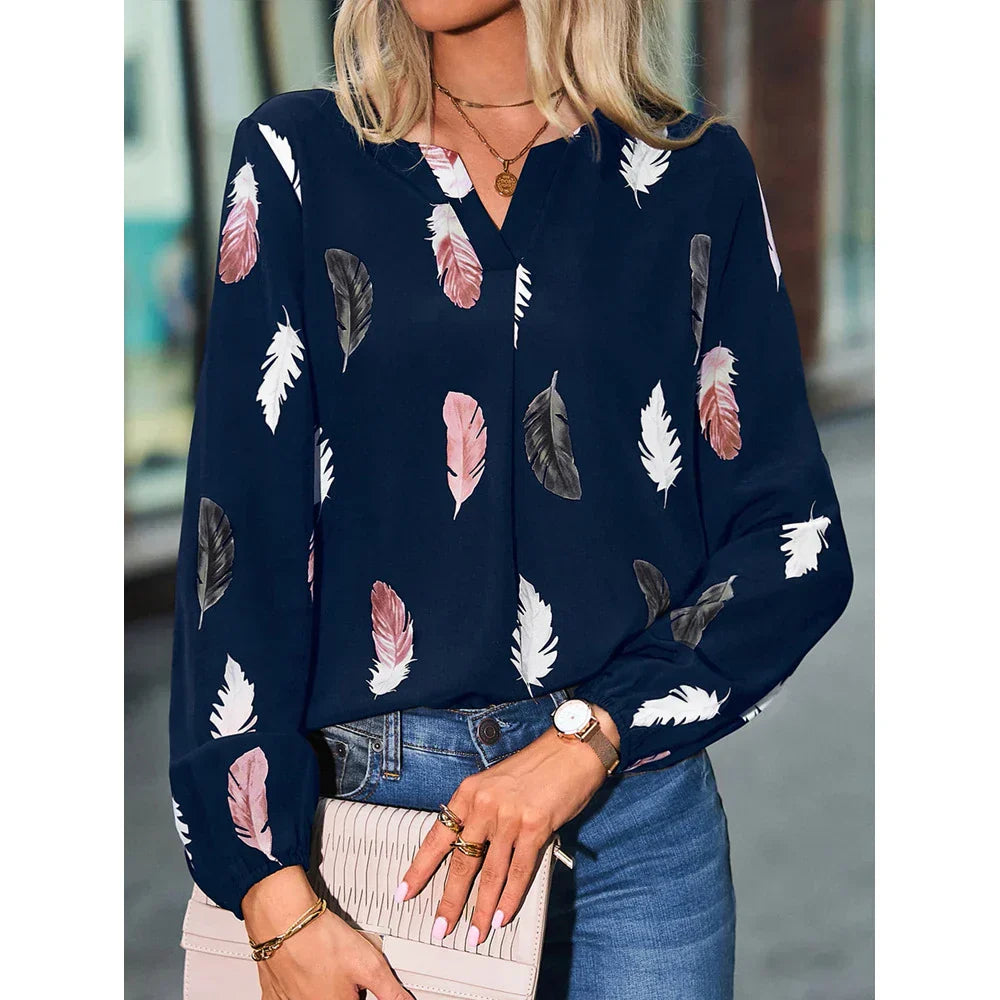 Women's Elegant Feather Print Blouse
