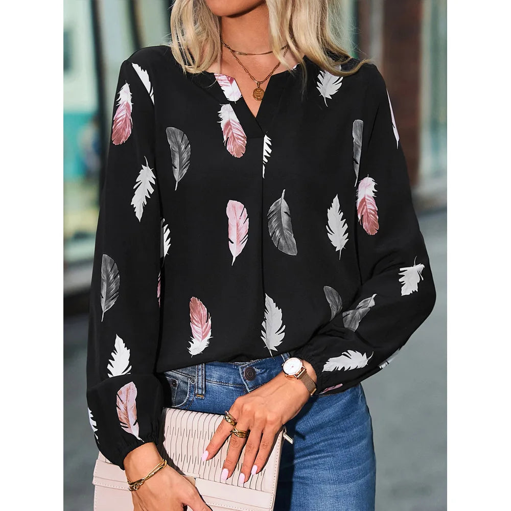 Women's Elegant Feather Print Blouse