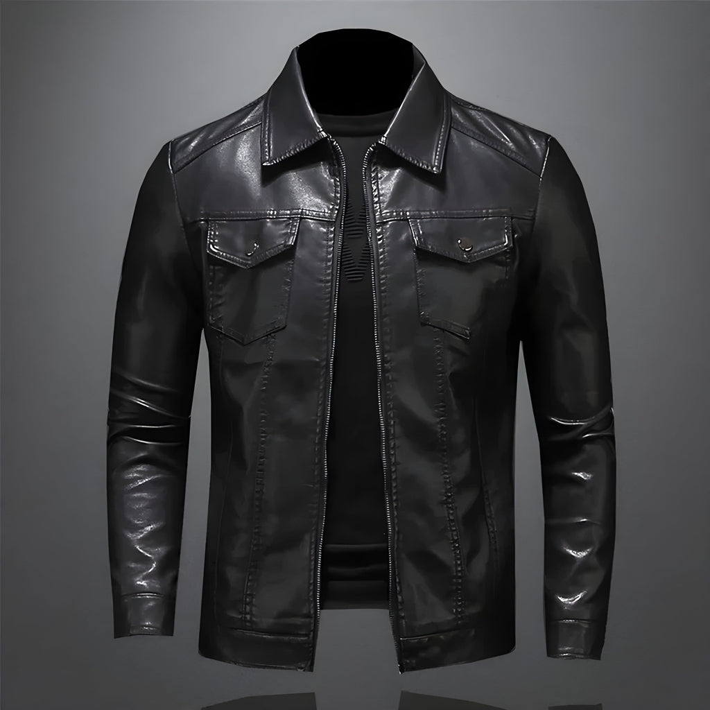 Men's Vegan Leather Jacket | Classic Zip-Up Moto Jacket with Chest Pockets