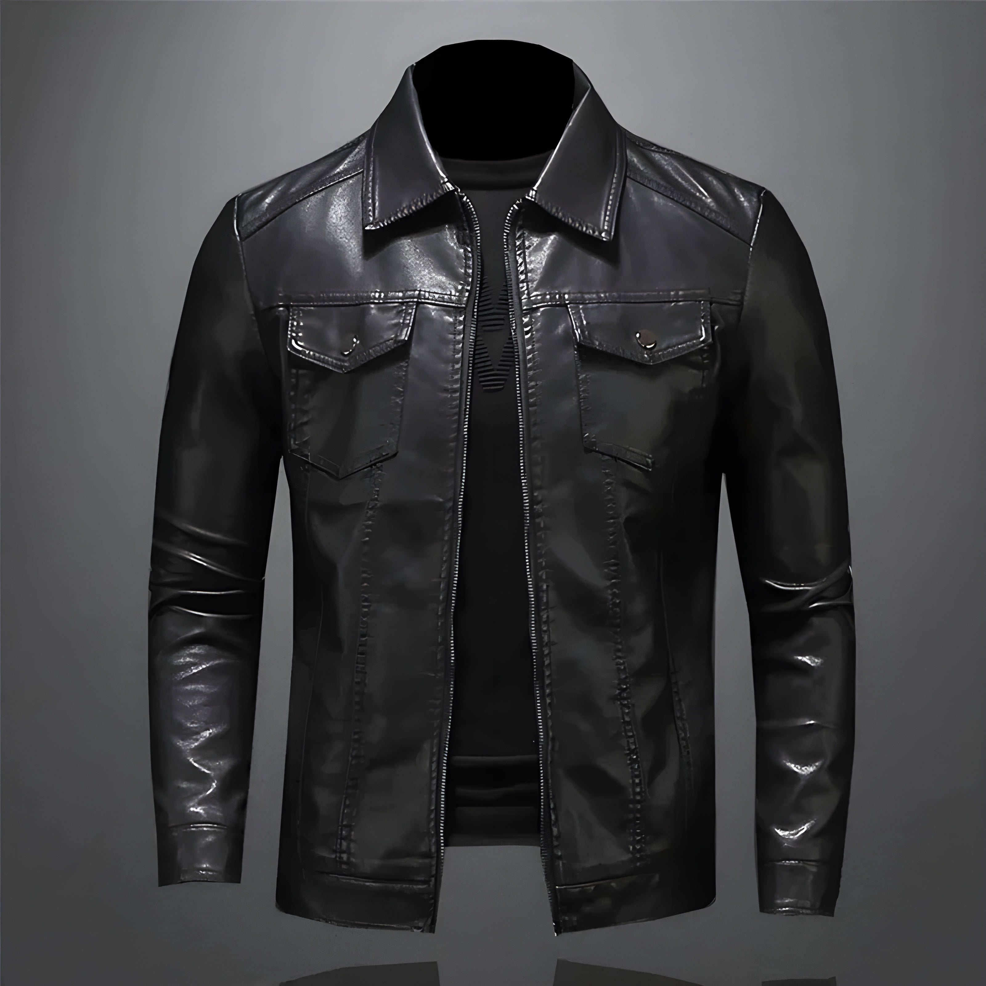 Men's Vegan Leather Jacket | Classic Zip-Up Moto Jacket with Chest Pockets