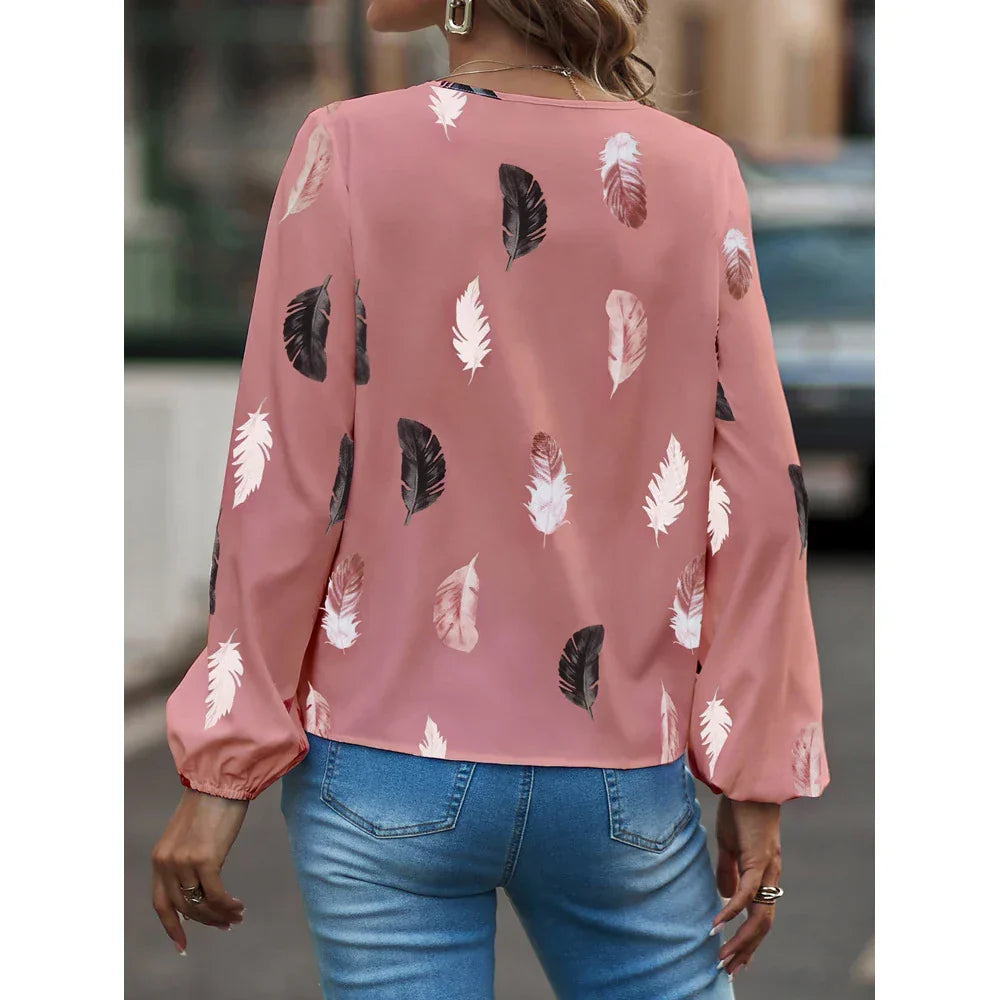 Women's Elegant Feather Print Blouse