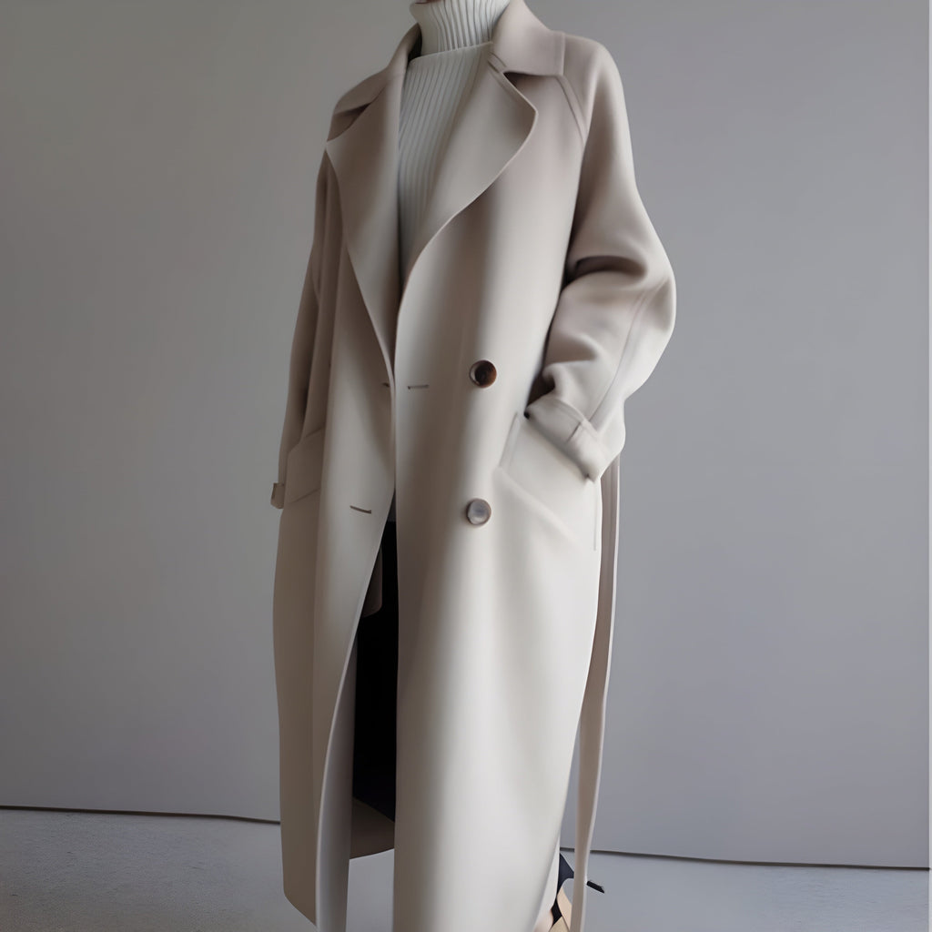 Women's Elegant Long Wool Coat | Classic Double-Breasted Winter Coat in Neutral Tones