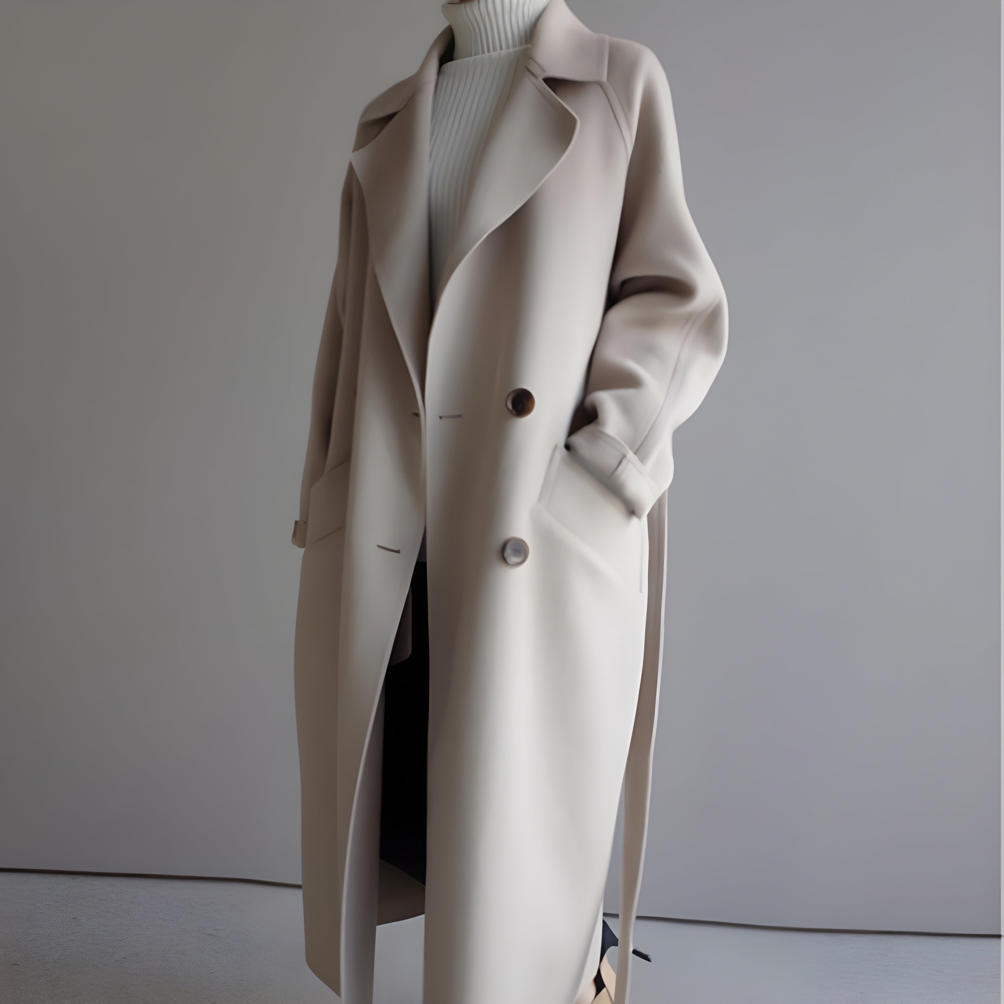 Women's Elegant Long Wool Coat | Classic Double-Breasted Winter Coat in Neutral Tones
