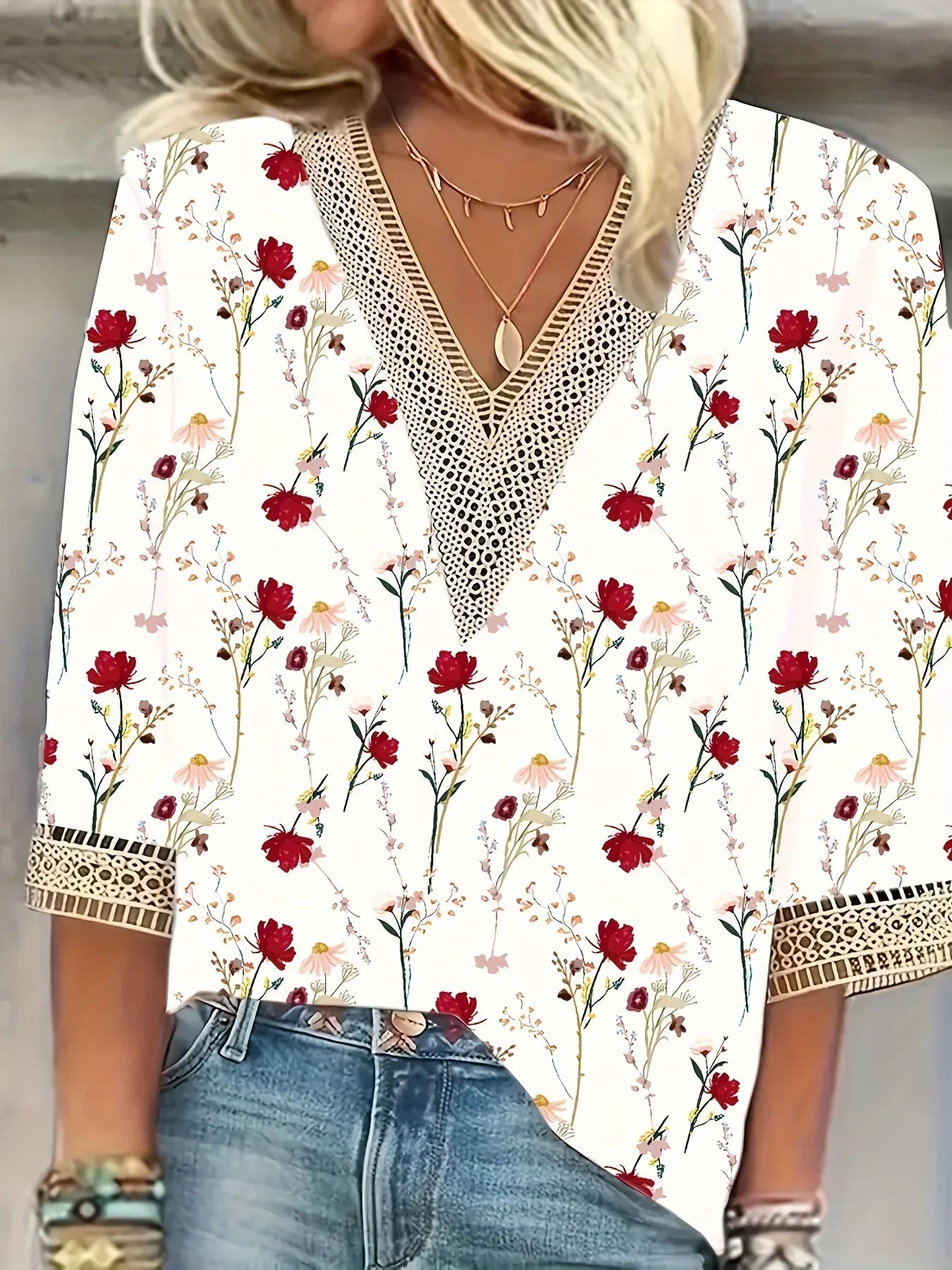 Women's Elegant Lace V-Neck Blouse