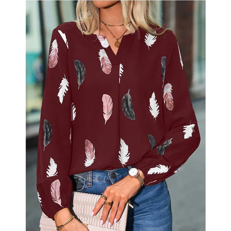 Women's Elegant Feather Print Blouse