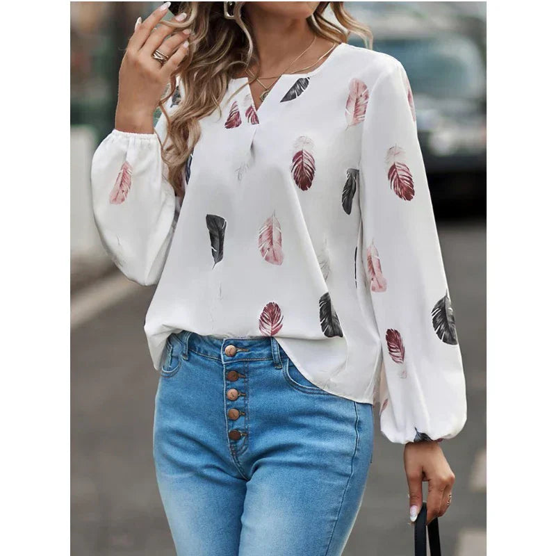 Women's Elegant Feather Print Blouse