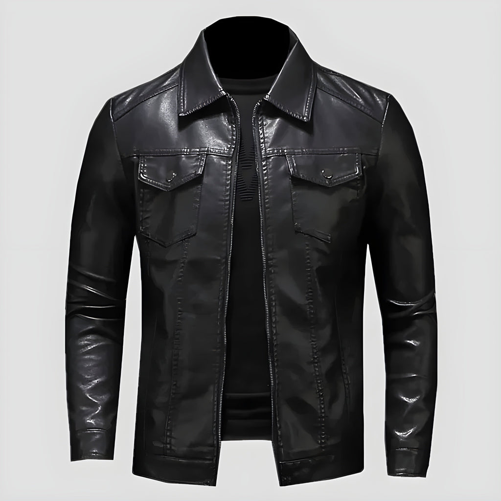 Men's Vegan Leather Jacket | Classic Zip-Up Moto Jacket with Chest Pockets