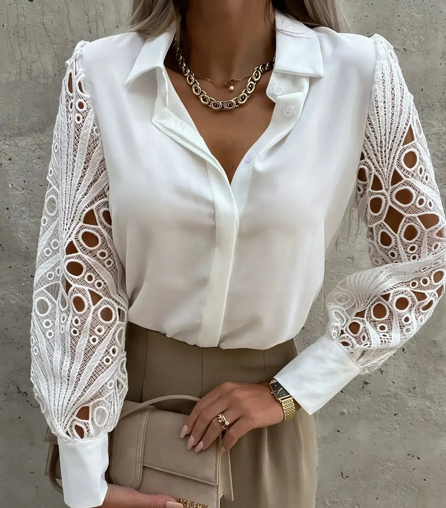 Women's Elegant Blouse with Lace Sleeve Detail