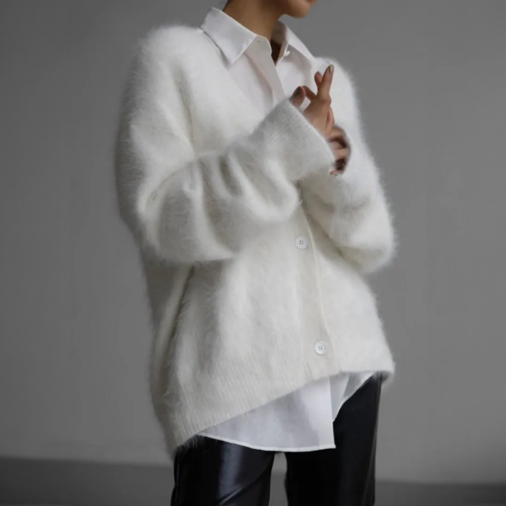 Women's Fuzzy V-Neck Cardigan | Soft Mohair-Style Open Front Sweater in Multiple Colors