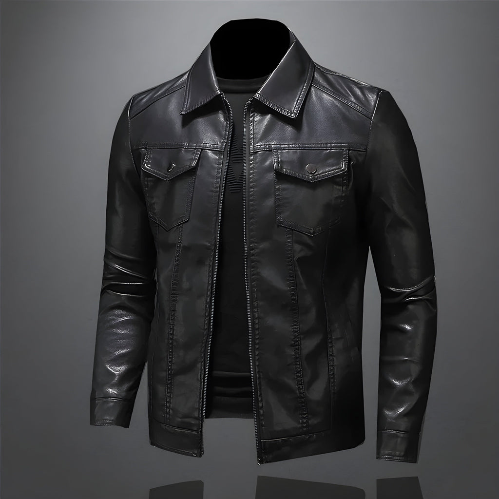 Men's Vegan Leather Jacket | Classic Zip-Up Moto Jacket with Chest Pockets