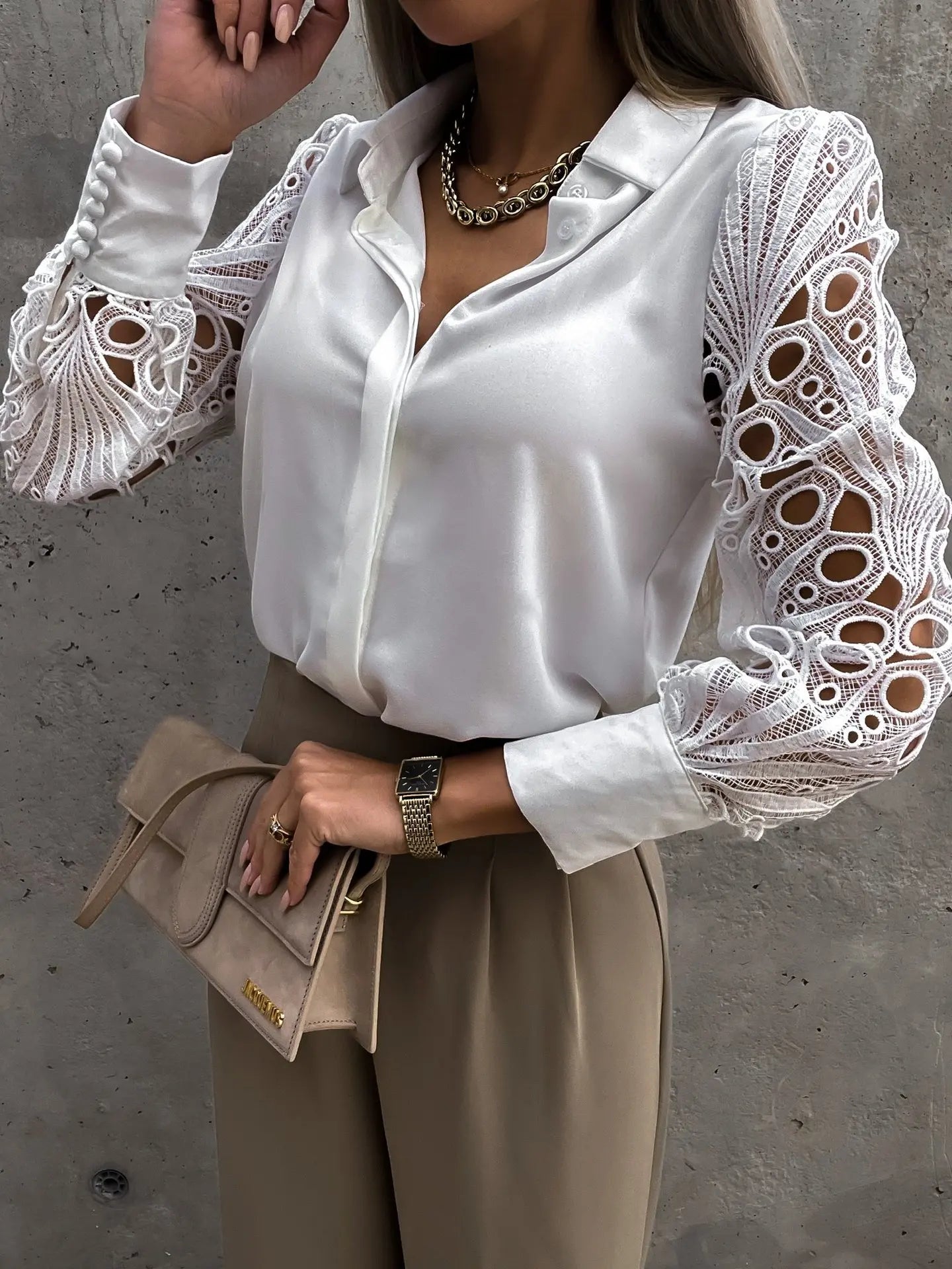 Women's Elegant Blouse with Lace Sleeve Detail