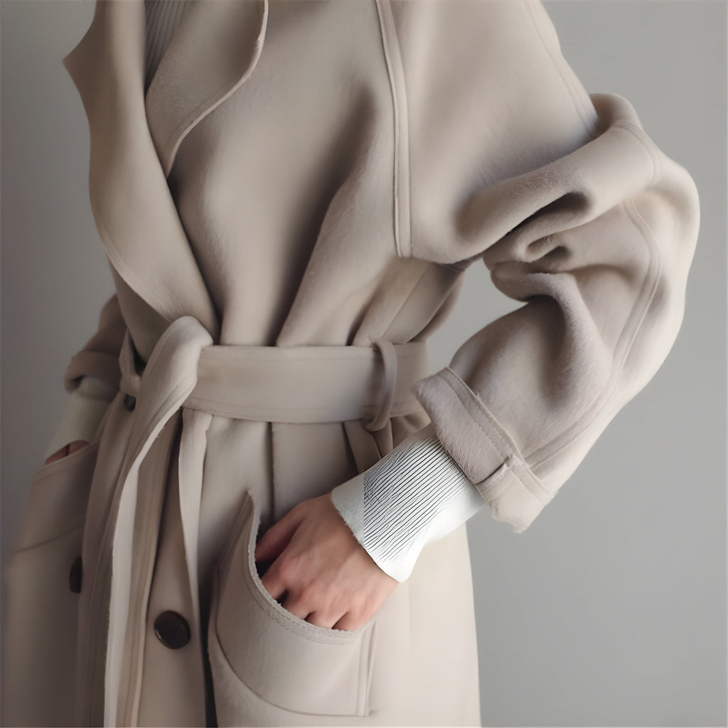 Women's Elegant Long Wool Coat | Classic Double-Breasted Winter Coat in Neutral Tones
