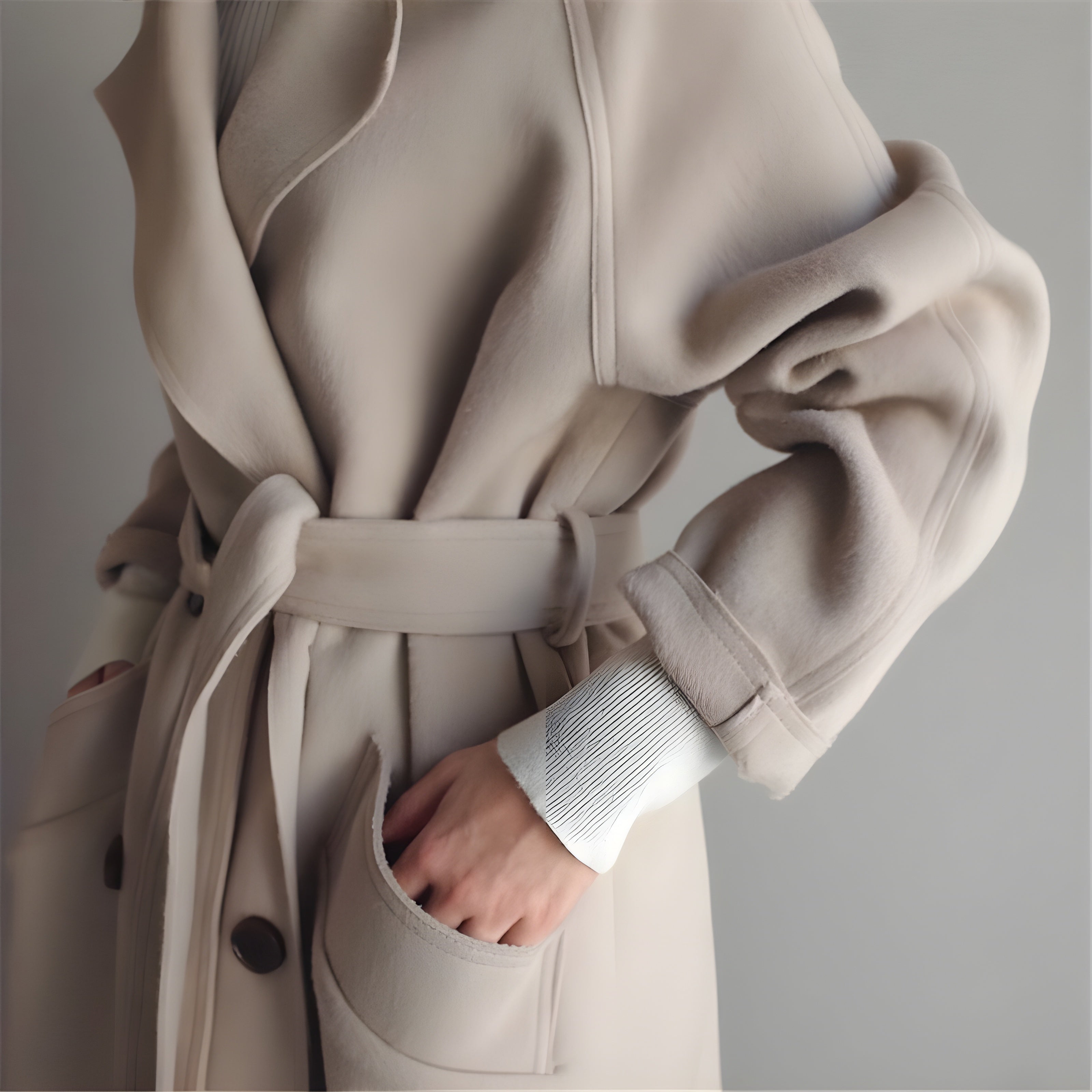 Women's Elegant Long Wool Coat | Classic Double-Breasted Winter Coat in Neutral Tones