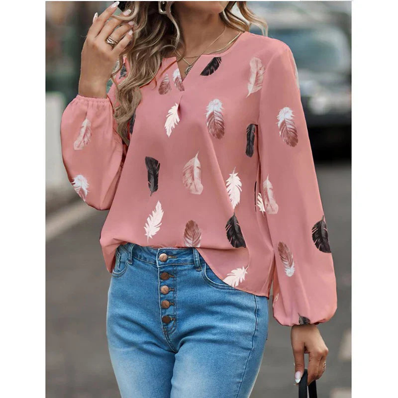 Women's Elegant Feather Print Blouse