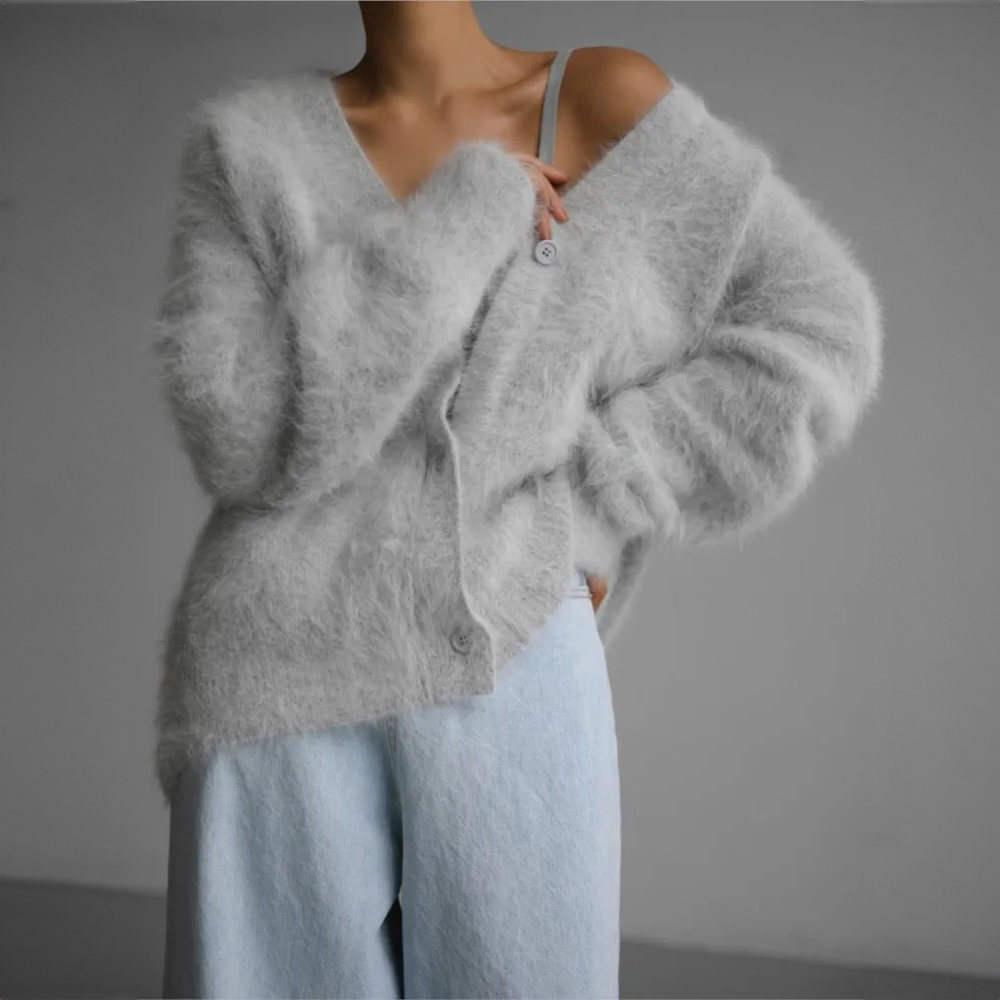Women's Fuzzy V-Neck Cardigan | Soft Mohair-Style Open Front Sweater in Multiple Colors