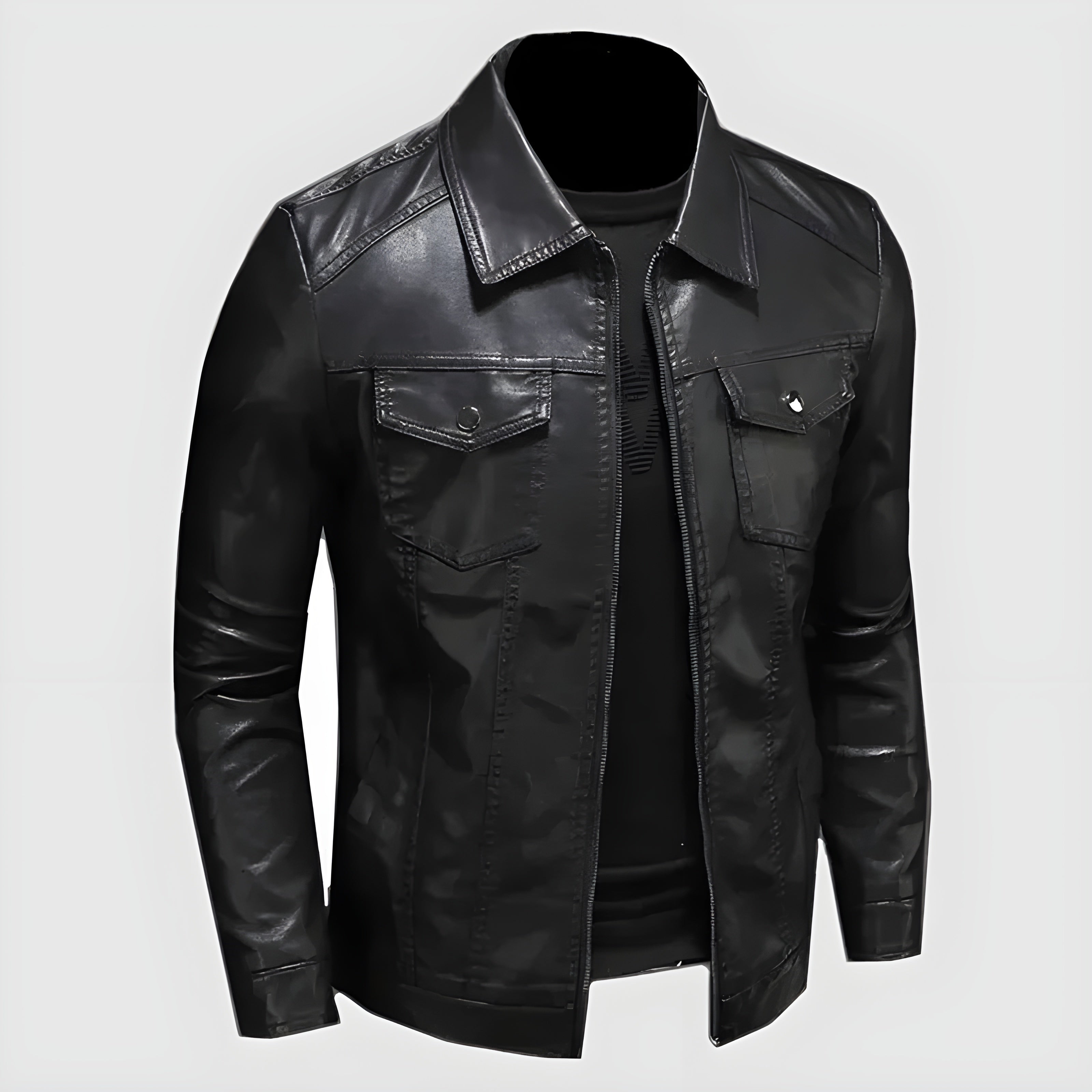 Men's Vegan Leather Jacket | Classic Zip-Up Moto Jacket with Chest Pockets